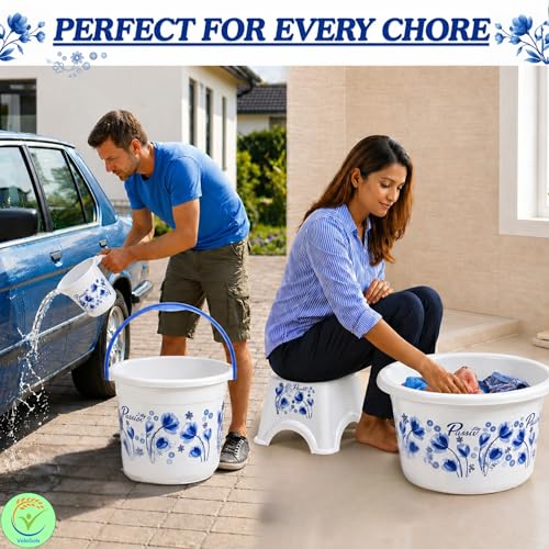 Image of Heavy Duty Virgin Plastic Large Capacity 20L Bucket, 5L Bucket, Stool,22L Deep Tub, Dustbin,1.5L Mug,1L Mug, Soap Case, Dustpan, Tooth Brush Stand Bathroom Set(K.White-Blue) - 10 Pieces