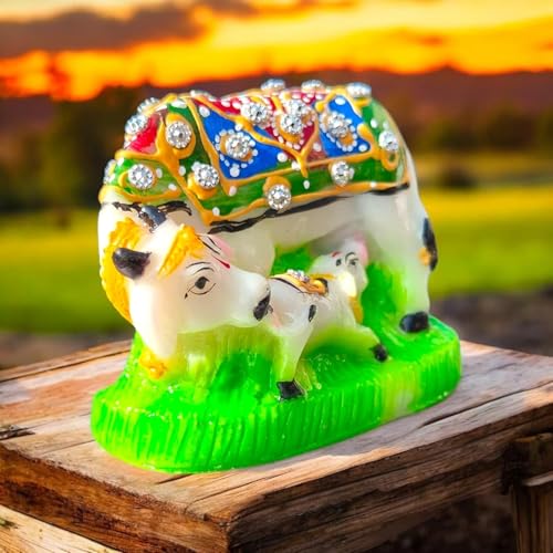 Image of Kamdhenu Cow and Calf Idol for Home Decor | Marble Finish Gau MATA Murti | Vastu Showpiece for Home Temple Pooja Room Office Desk | Spiritual Religious Gift | Housewarming Diwali Decor | Multicolor