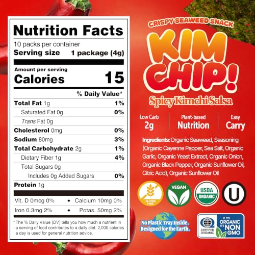 Image of KIMCHIP! Extra Spicy Seaweed Snacks (10-Pack) - Korean Roasted Seaweed with Kimchi Flavor - Organic, Vegan, Gluten-Free, Non-GMO, Kosher - Challenge Snack