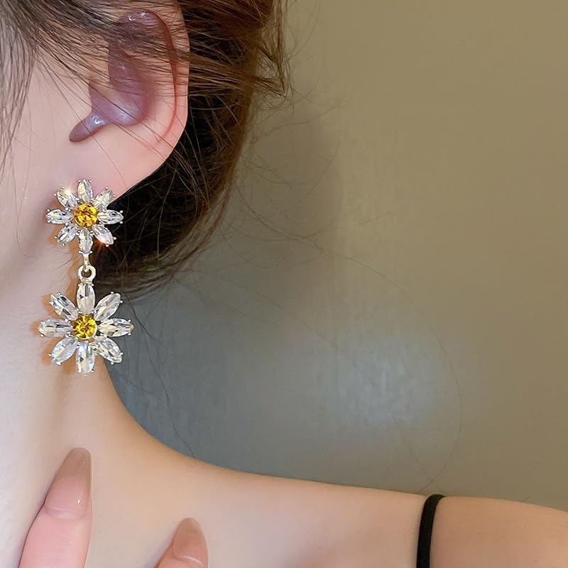 Daisy Flower Earrings for Women Glitter Crystal White Floral earrings Double Flower Drop Dangle Summer Earring Jewelry for Prom Party - Image 4