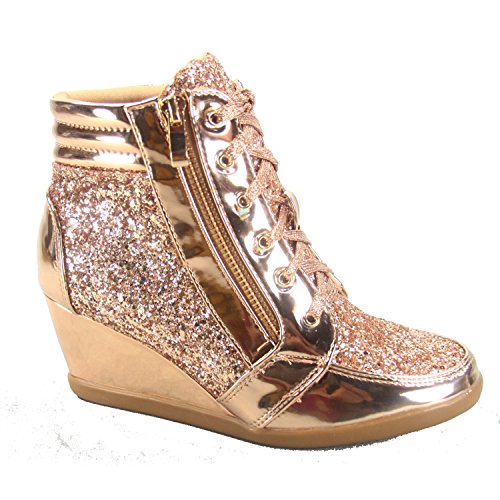 Forever Link Women's Fashion Glitter High Top Lace Up Wedge Sneaker Shoes