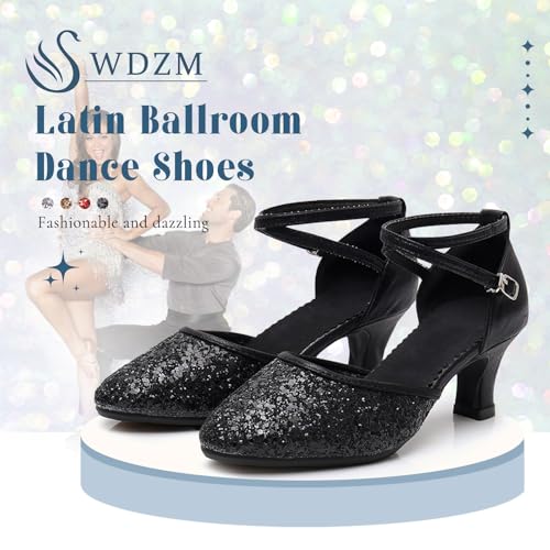 Swdzm AT-DY225-J-BLACK-5-40 Glitter Womens Latin Dance Shoes Heeled Ballroom Salsa Tango Party Practice Performance Dance Shoes Closed Toe,225,Black,Heel 2,Rubber Sole,Us 8.5 thumb #1