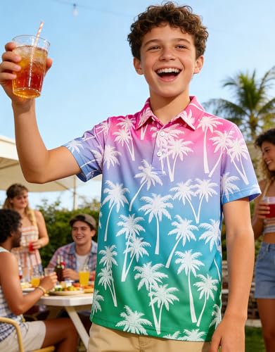 Cuddomper Boys Hawaiian Polo Golf Shirt Blue Pink Gradient Palm 9-10 Years - image 4