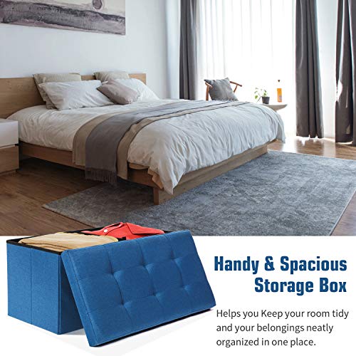 WoneNice Linen Folding Storage Ottoman Bench, Storage Chest Footrest Padded Seat, 30 x 15 x 15 Inches (Linen Navy) - Thumbnail 4