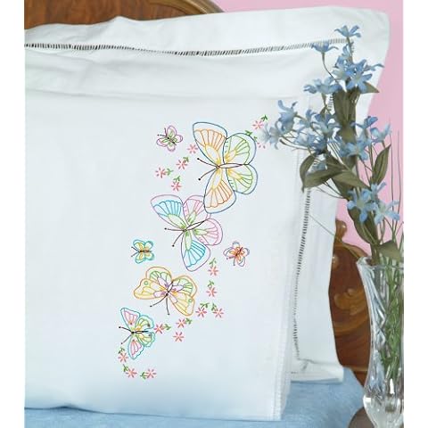 Jack Dempsey 1800 143 Stamped Pillowcases with White Lace Edge 2/Pkg-Fluttering Butterflies Cover