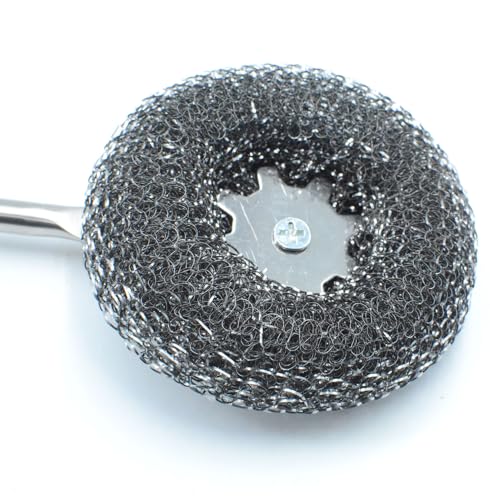 Image of Long Handle Steel Wire Ball, Bold and Thickened 14.5 Inch Stainless Steel Ball Brush and 2 Additional Wire Balls for Pot, Bottle and Closestool (Wood)