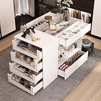 Hitow Display Cabinet Island with Glass Top and Front, Walk in Closet Organizer with 7 Drawers and 2-Tier Shelf, Shop Display Case, Walk in Wardrobe Furniture, Living Room Storage, White