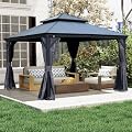 Domi 12’x12’ Hardtop Gazebo with Resin Roof, Outdoor Metal Gazebo with Drainage Gutters, Permanent Heavy Duty Pavilion for Patio, Backyard and Deck, Curtains and Mosquito Netting Included