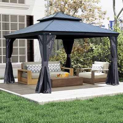 Domi 12’x12’ Hardtop Gazebo with Resin Roof, Outdoor Metal Gazebo with Drainage Gutters, Permanent Heavy Duty Pavilion for Patio, Backyard and Deck, Curtains and Mosquito Netting Included