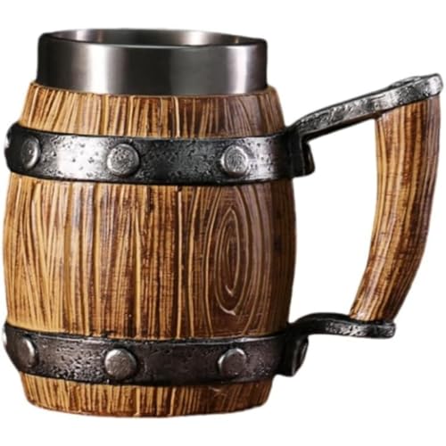 ビールジョッキ マグカップ レトロ風 木製スタイルのビールジョッキ 600ml 、手作りビールマグ 酒器 バー 家庭用 大容量304ステンレスマグカップ個性的樹脂 クリスマスギフト パーティーデコレーション 紅茶 飲料 カップ 酒器 (D)