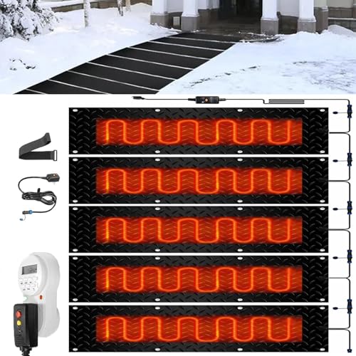 iumLeap Snow and Ice Melting Mats with Timer, 1/2/3/4/5 Pcs Heated Outdoor Mats Electric Snow Melting Mats for Winter Snow Removal Non Slip Rubber Heated Mat with Power Cor(5 Pcs-12x24in/(30x60cm))