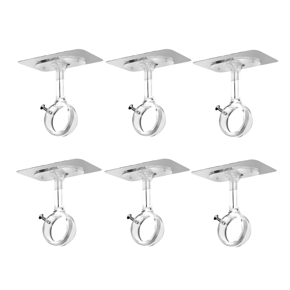 CTRLZS Heavy Duty Ceiling Mount Rod Brackets 6-Pack No-Drill Self Adhesive Holders, Adjustable Hooks for Hanging Transparent