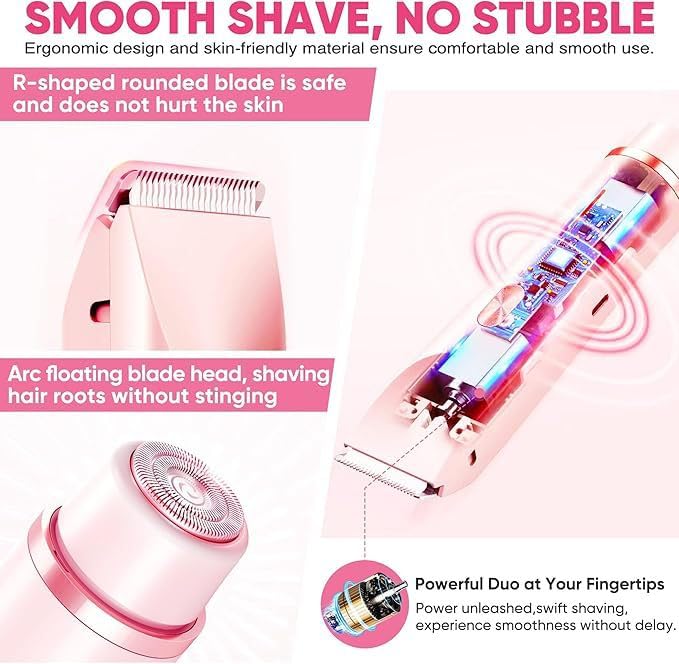 Shavea Rasoio Elettrico Donna 2 in 1, Doppia Testina per Corpo e Bikini | Rasoio elettrico donna ricaricabile 2in1: doppia testina per rifinitore bikini e corpo. Wet & Dry, lame inox zone sensibili.