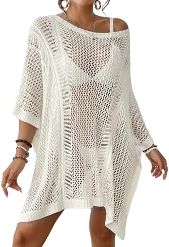 Bsubseach Gehaakte Cover Ups voor Badmode Vrouwen Strand Blouse Sheer Swim Coverups Mesh Gebreide Jurk, Wit, S
