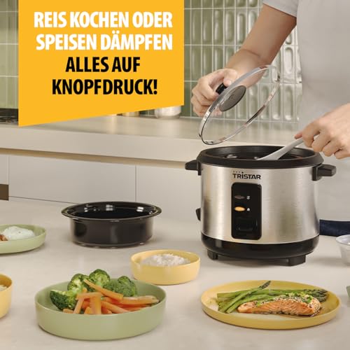 Tristar Reiskocher, 1 L Kapazität für bis zu 5 Portionen, Edelstahlgehäuse, Antihaft-Innentopf, Dampfeinsatz, Warmhaltefunktion, 400 W, RK-6144
