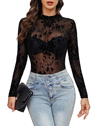 Mesh Top for Women Long Sleeve Mock Neck Mesh Shirt Sheer Top Solid Floral Tee Shirts S-XXL