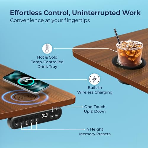 Image of The Sleep Company AeroFlip Adjustable Desk | SmartFlip Ergonomic Tabletop | Height Adjustable 72-120 cm | Wireless Charging | Temperature Controlled Drink Tray |1200 mm | Wooden & Black