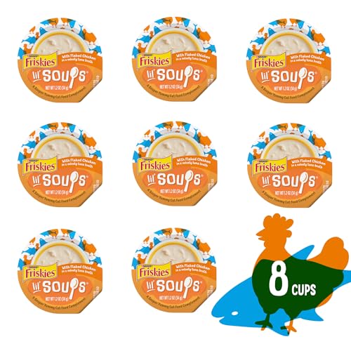 Purina Friskies Natural, Grain Free Wet Cat Food Lickable Cat Treats, Lil' Soups Flaked Chicken - (Pack of 8) 1.2 oz. Tubs