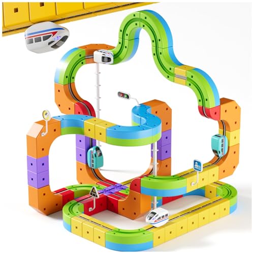 YOOIU Electric Train Set for Kids, 3D Infinity Racer Snap-Fit Cube Track Toy, DIY STEM Rail Cube Monorail with 360° Anti-Gravity Racing, LED Lights, Christmas Birthday Gifts for Boys Girls 3-12 55PCS