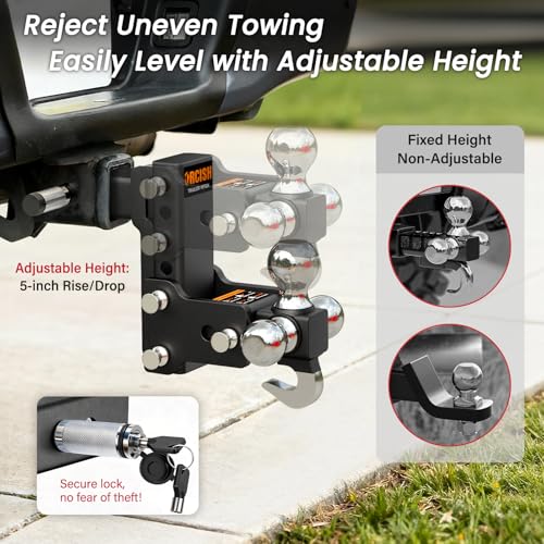 Image of ORCISH Adjustable Rotating Trailer Hitch, 4-in-1 Tri-Ball & Tow Hook, 360 Swivel Ball Mount, 2 inch Receiver with 5 inch Drop /Rise, Ball Sizes: 1-7 /8 inch, 2 inch, 2-5 /16 inch, Anti-Theft Lock, Fits Truck SUV RV