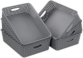 Bblie 6-Pack Rectangular Plastic Shallow Basket, Grey A4 Basket Tray for Storage