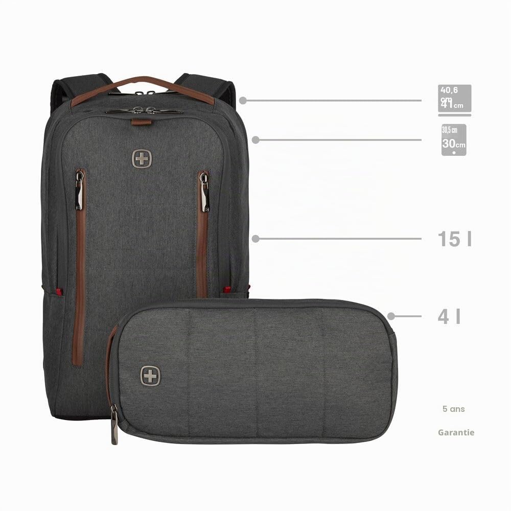 WENGER CityUpgrade Sac à Dos pour Ordinateur Portable 16 Pouces avec Sac en Bandoulière, Tablette Tactile 12 Pouces, 15 l, Femmes Hommes, Affaires Uni École Voyages, Gris, 606489