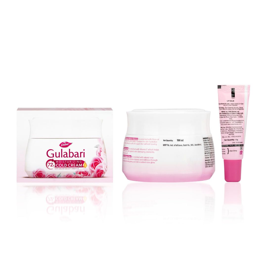 Dabur Gulabari Moisturizing Cold Cream 100gm + Lip Balm 8gm (Free) | With Goodness of Natural Rose Oil & Vitamin E | Intense Hydration and Deep Moisturization | For Smooth & Soft skin | All Skin types 1
