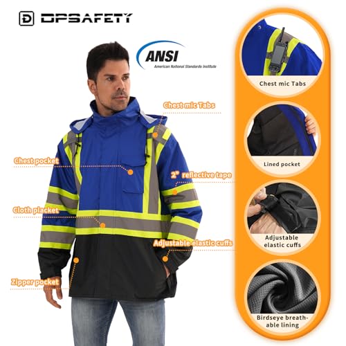 Image of Reflective Rain jackets for men waterproof,Hi Vis Safety Coat With Reflective Strips,High Visibility Class 3 Rain jackets With 2 large pockets,Zipper,Blue,SM /MD