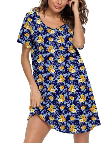 Image of ENJOYNIGHT Womens Cotton Nightgown Short Sleeve Sleepshirt Print Nightshirt | Short-Sleeve Crew Neck, Soft Cotton Fabric, Cartoon Printed Sleep Shirt, Loose Fit