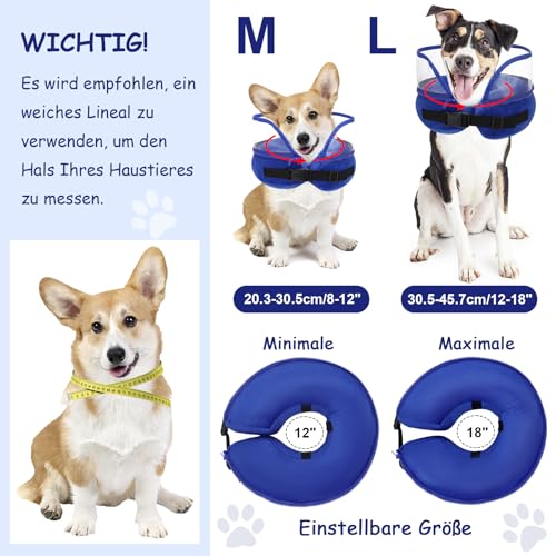 Lvefyti Aufblasbare Halskrause Hund,Einstellbar Hundekragen Leckschutz mit Schutzschicht,Atmungsaktive Elisabethanischer,Hundebody nach OP,Genesungshalsband Vorbeugung von Biss- und Leckwunden(Blau,L)