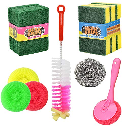 BEAR GRIPS complete 16 items dish washing set with Scrub pad, Sponge and Scrub sandwich scrub, bottle cleaning brush, nylon scrubber, stainless steel scrubber, nylon scrub brush, and foam scrubber