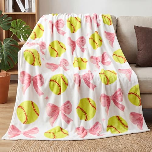 HunnmingRe Softball Blanket 50x60 Coquette Pink Bow Soft Throw Blanket Softball Gifts for Girls Women Team Players Coach Unique Gifts for Sports Lovers