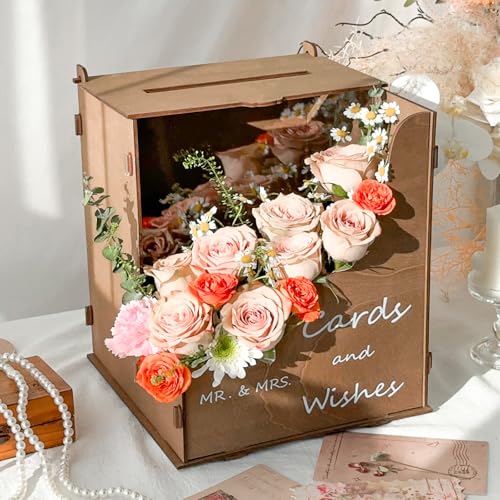 Image of OurWarm Brown Wedding Card Box with Wave Flower Trough, Wooden Gift Card Box for Wedding Decorations Reception, Wood Money Gift Boxes for Party Weddings Essentials Graduation Bridal Shower Decorations