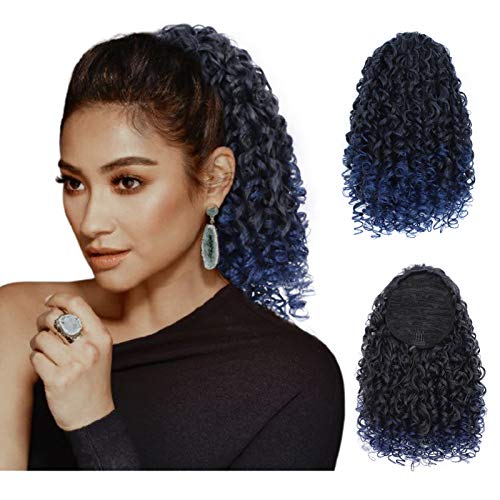 Stamped Glorious Curly Drawstring Short Ponytail Clip in Afro Hair Extensions Ponytail Hair Piece for African American Women with 2 Clips(Blue)