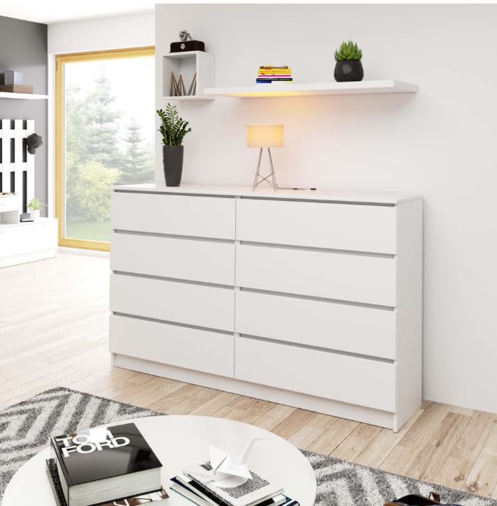 BDW - Commode à 8 tiroirs, Commode K160, Buffet, Meuble de Salon, Chambre à Coucher, Couloir, Armoire de Bureau, matériau Robuste et Design Moderne - 160x40x99 cm, Blanc