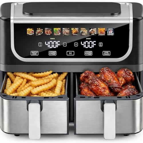 Image of HealSmart 9.5Qt Dual Basket Air Fryer, 10-in-1 Smart Air Fryer with 1700W, Independent Temperature Control, Sync Cook & Shake Reminder, Nonstick Air Fryer Oven for Family Meals, Black