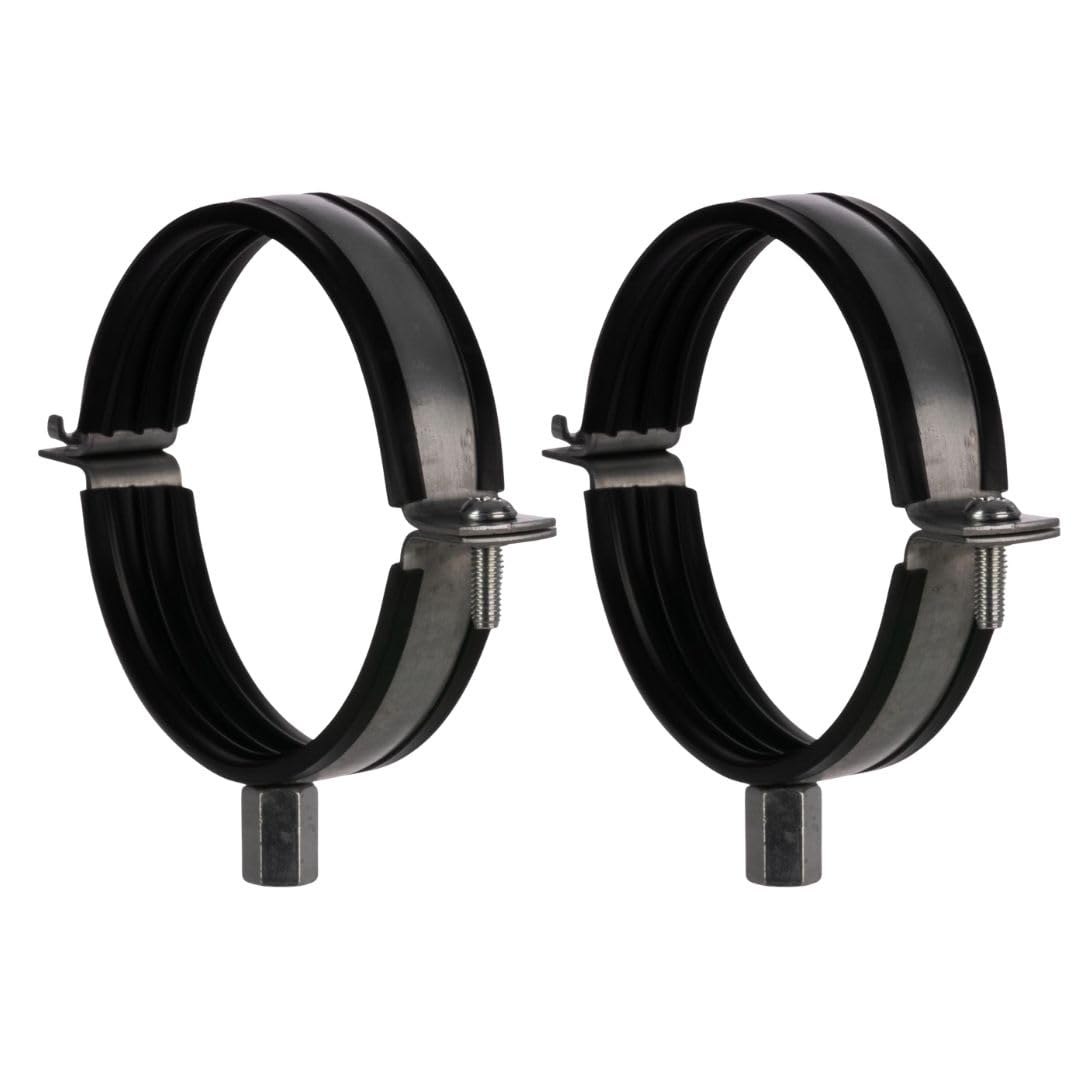 2 Pcs Pipe Clamp 100mm - 4 inch Pipe Hanger - Galvanized Steel Mounting Bracket - Duct Clamp with Rubber Gasket and M8/M10 Thread - Metal Support Brackets for Ducting HVAC System