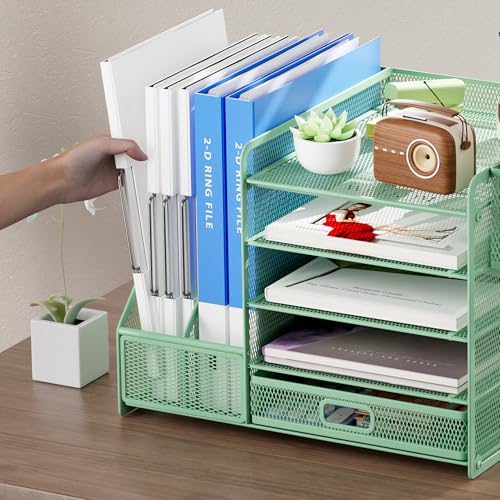 Image of Marbrasse Desk Organizer with File Holder, 5-Tier Paper Letter Tray Organizer with Drawer and 2 Pen Holder, Mesh Desktop Organizer and Storage with Magazine Holder for Office Supplies (Green)