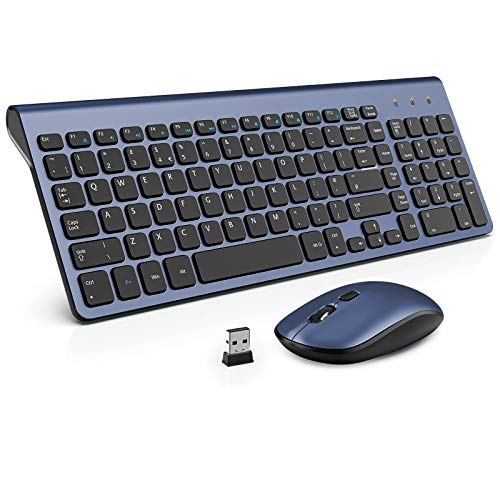 Wireless Keyboard Mouse Combo, WisFox 2.4GHz Slim Full Size Wireless Keyboard and Mouse Set with Number Pad and Nano Receiver for PC Laptop Windows, Quiet and Ergonomic (Black and Blue)