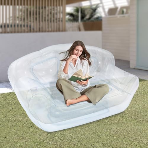 Image of Transparent Clear Inflatable Sofa Seat Couch, Twin Size Air Mattress Inflatable Sofa, Double Inflatable Chair Air Sofa, Portable Blow Up Couch for Indoor, Outdoor, Camping, Beach, Patio, Yard