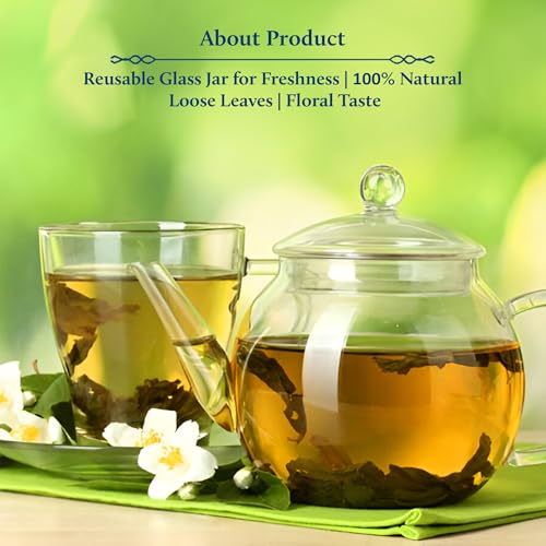 Image of Blue Nectar Green Tea Loose Leaves for Weight Management with Idukki Cardamom | Detox Green Tea Strainer Packed in Eco Friendly Glass Jar (65g)