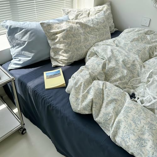 Image of MKXI Full Duvet Cover Set Blue White Floral Print - Vintage Chinoiserie Boho Comforter Cover with Pillowcases, 100% Cotton Coastal Bedding for Bohemian & Transitional Style Bedroom