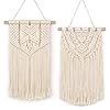 BONTHEE 2 stuks macramé wandbehang, klein geweven wandtapijt, handgemaakt katoenen koord, boho, wanddecoratie – beige