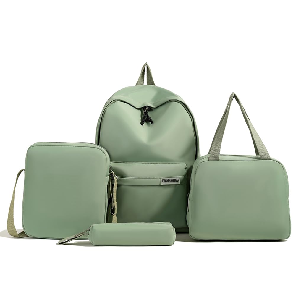 HICARRY Kid Backpack, 4PCS Plain Primary Secondary School Bag Set, Nylon Book Bag with Lunch Bag, Crossbody Bag and Pencil Case for Girls and Boys