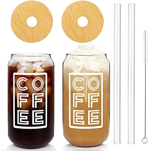 Iced Coffee Cup with Lids and Straw, ANOTION Beer Can Glass with Bamboo Cover 20 Oz Glass Coffee Cups Reusable Drinking Glasses Tumbler to Go Coffee Cups for Travel Office Home Tea Margaritas Juice Cover