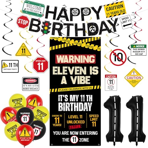 Roetyce 11th Birthday Decorations Boys Girls Black Eleven is A Vibe Banner Backdrop Balloons Hanging Swirls Caution Logo Themed 11 Years Old Party Yard Door Wall Cover Background