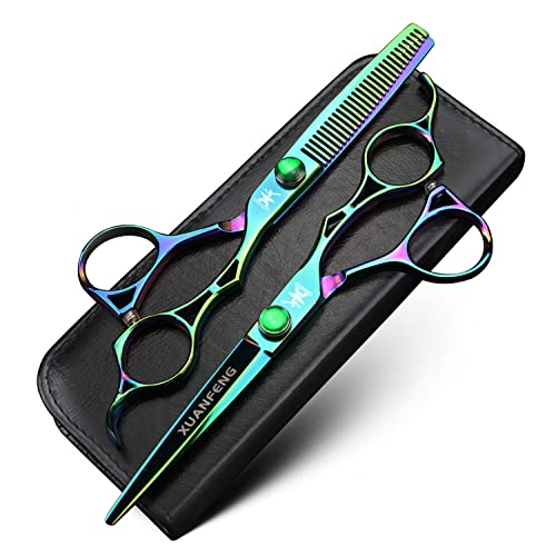 XUANFENG Aurora - Tijeras de pelo con mango hueco de acero 440C, tijeras de corte y tijeras de adelgazamiento (2 piezas)