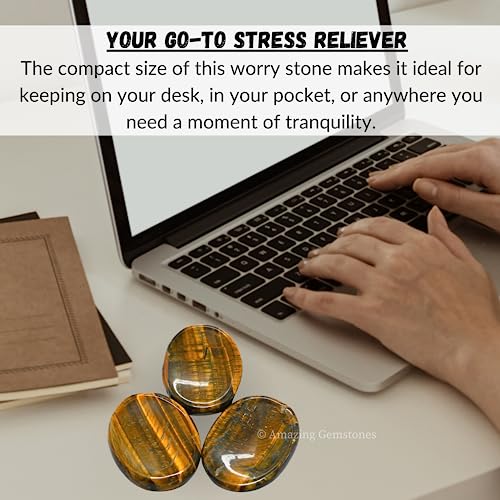 Image of Amazing Gemstone Tiger Eye Worry Stone Crystals and Healing Stones - Worry Stones for Stress Relief Gifts - Piedra Crystal Fidget for Meditation, Relaxation - Unique Stocking Stuffers