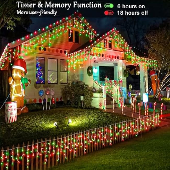66ft Red and Green Christmas Lights Outdoor, 640 LED Icicle Lights for Outside, Plug in Twinkle Lights Indoor with 8 Modes Timer Waterproof for House Yard Eave Patio Wedding Party Holiday Decoration