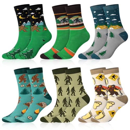 Haysandy 6 Pairs Bigfoot Novelty Socks for Men Women Funny Sasquatch Crew Socks FatherS Day Stuff Gift(One Size Green Style)